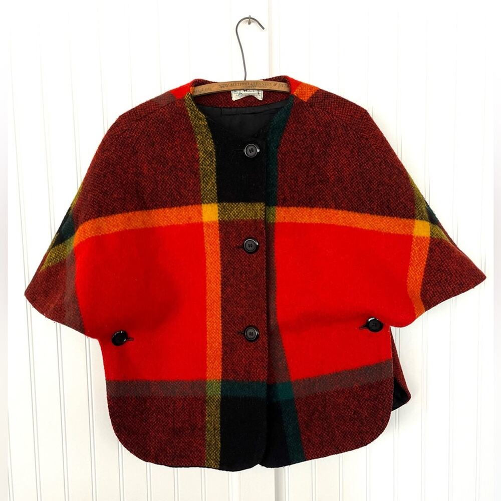 Vintage 70s 80s Rainbow Colorful Plaid Poncho Jacket Medium Short Soft Buttons